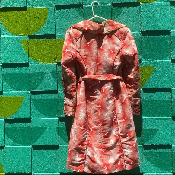 KAFFE clothing red and cream floral piped edge belted trench big button pockets - Picture 7 of 9